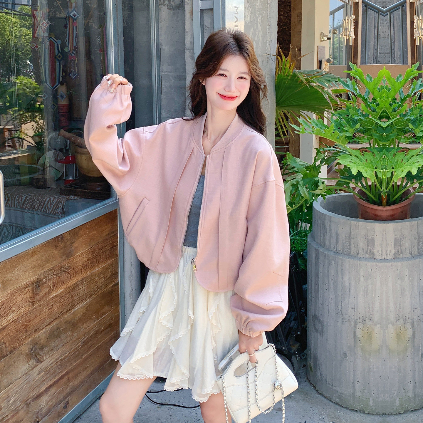 通勤风樱花粉立领宽松棒球服女