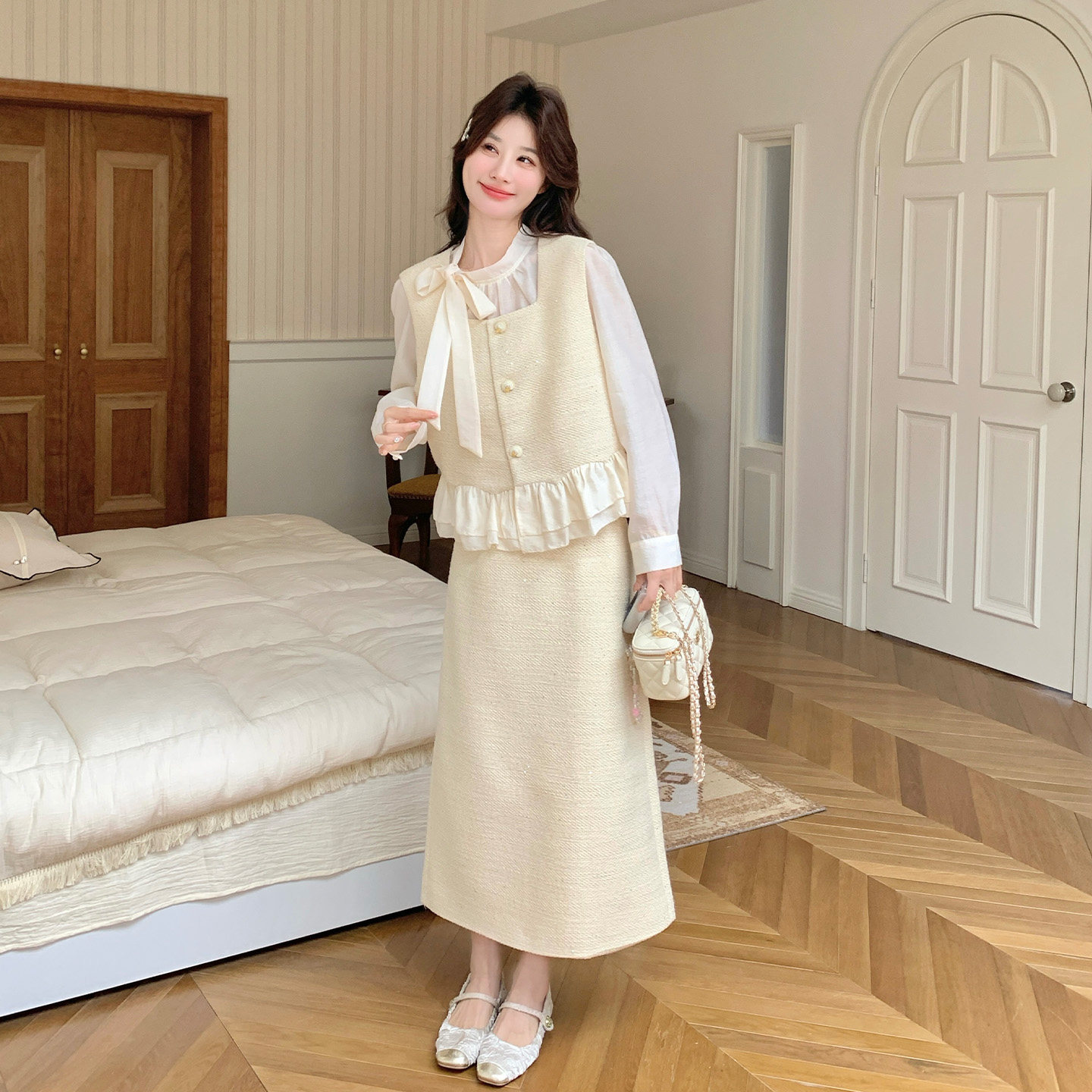 衬衫马甲半身裙三件套女