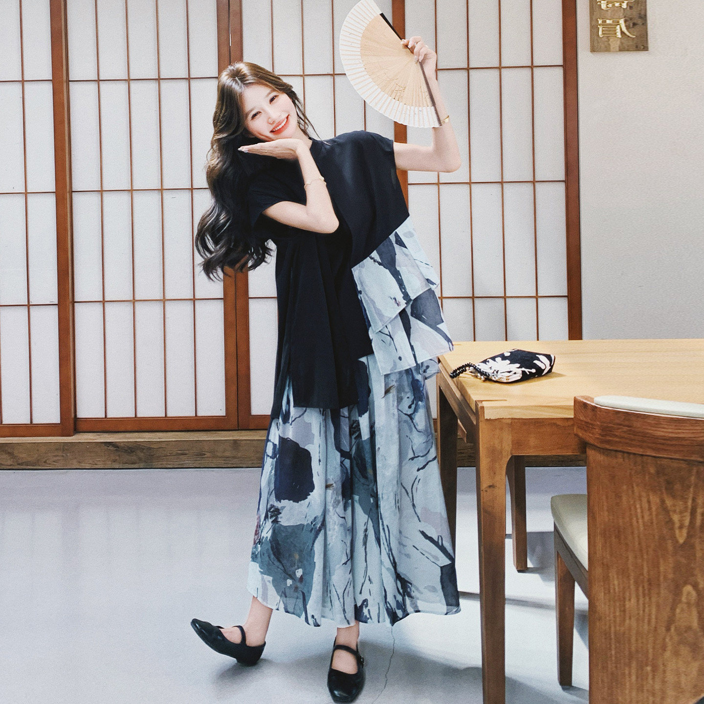 复古水墨印花两件套女夏季宽松
