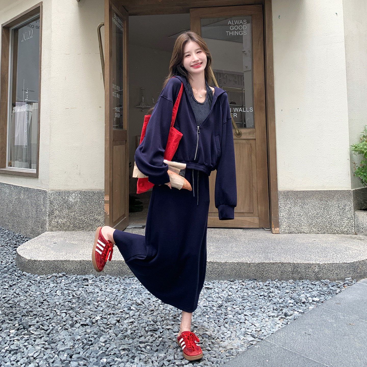 春秋小众连帽卫衣长裙两件套女
