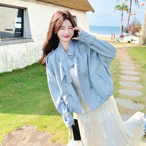 春季休闲立领短款蓝色皮衣外套