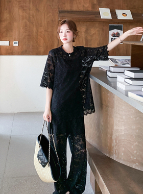 黑色法式轻熟风气质蕾丝套装女2026新款夏日圆领上衣阔腿裤两件套