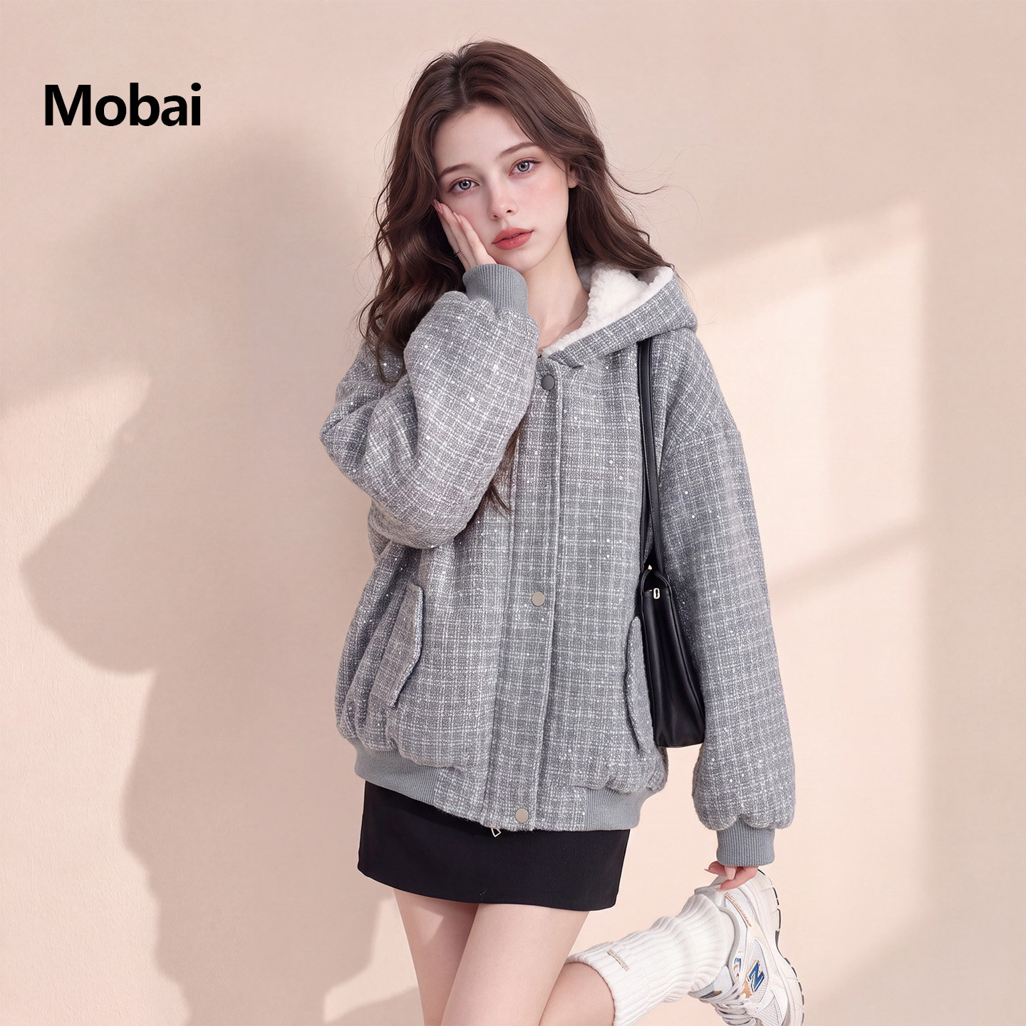 Mobai 法式优雅小香风连帽羽绒服2026冬新款宽松加厚保暖90绒外套