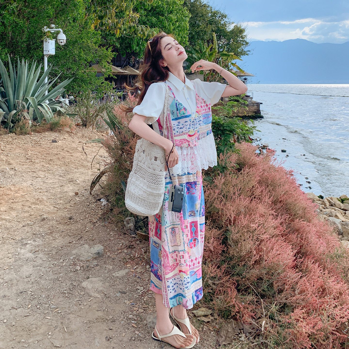 法式可爱童趣套装女2026夏季新款多巴胺印花拼接上衣半身裙两件套