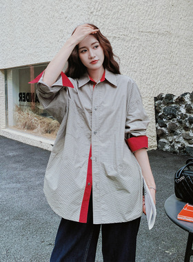 灰色韩系撞色格纹长袖衬衫外套女2026春设计感宽松休闲Polo领上衣