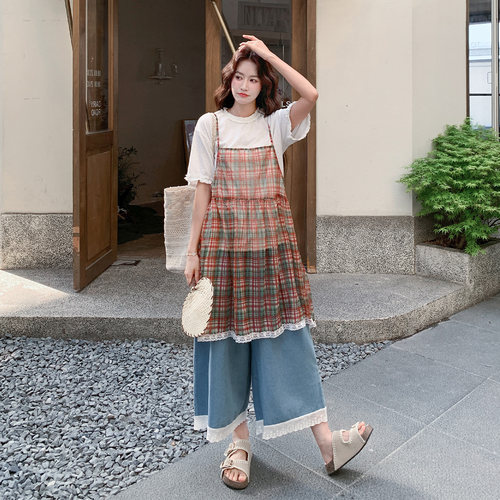 夏季小个子复古格子吊带三件套