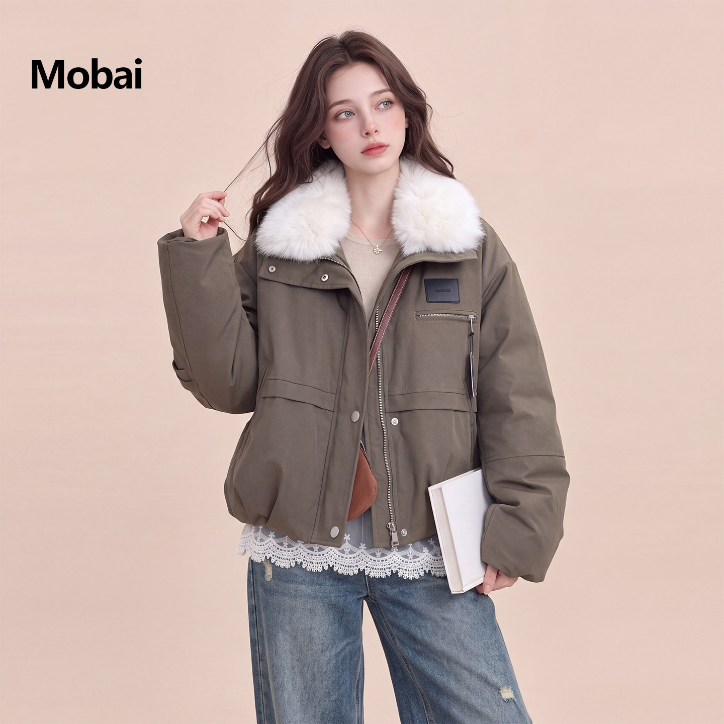 工装毛领派克棉服女冬加厚宽松