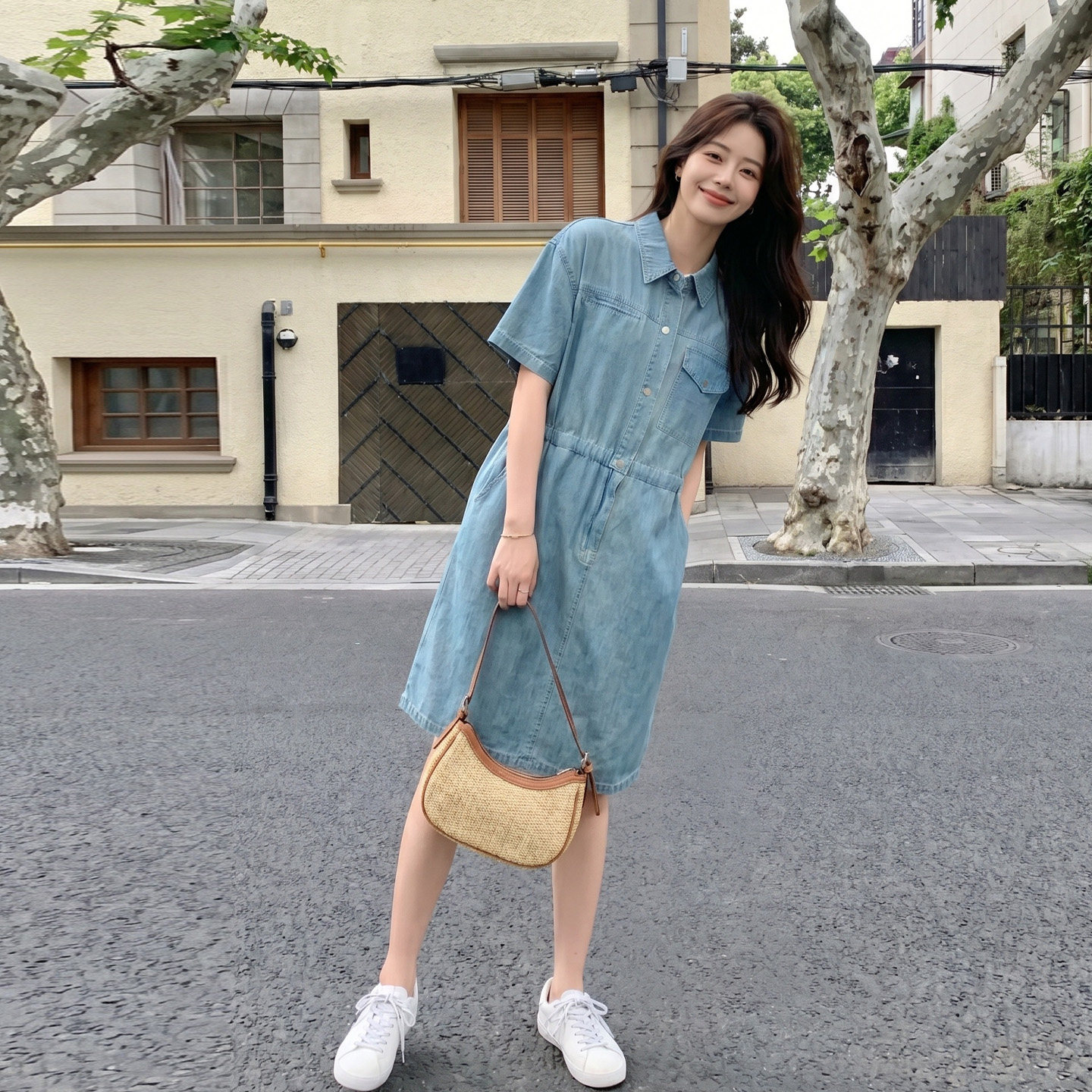 牛仔风短袖连衣裙女夏中长款