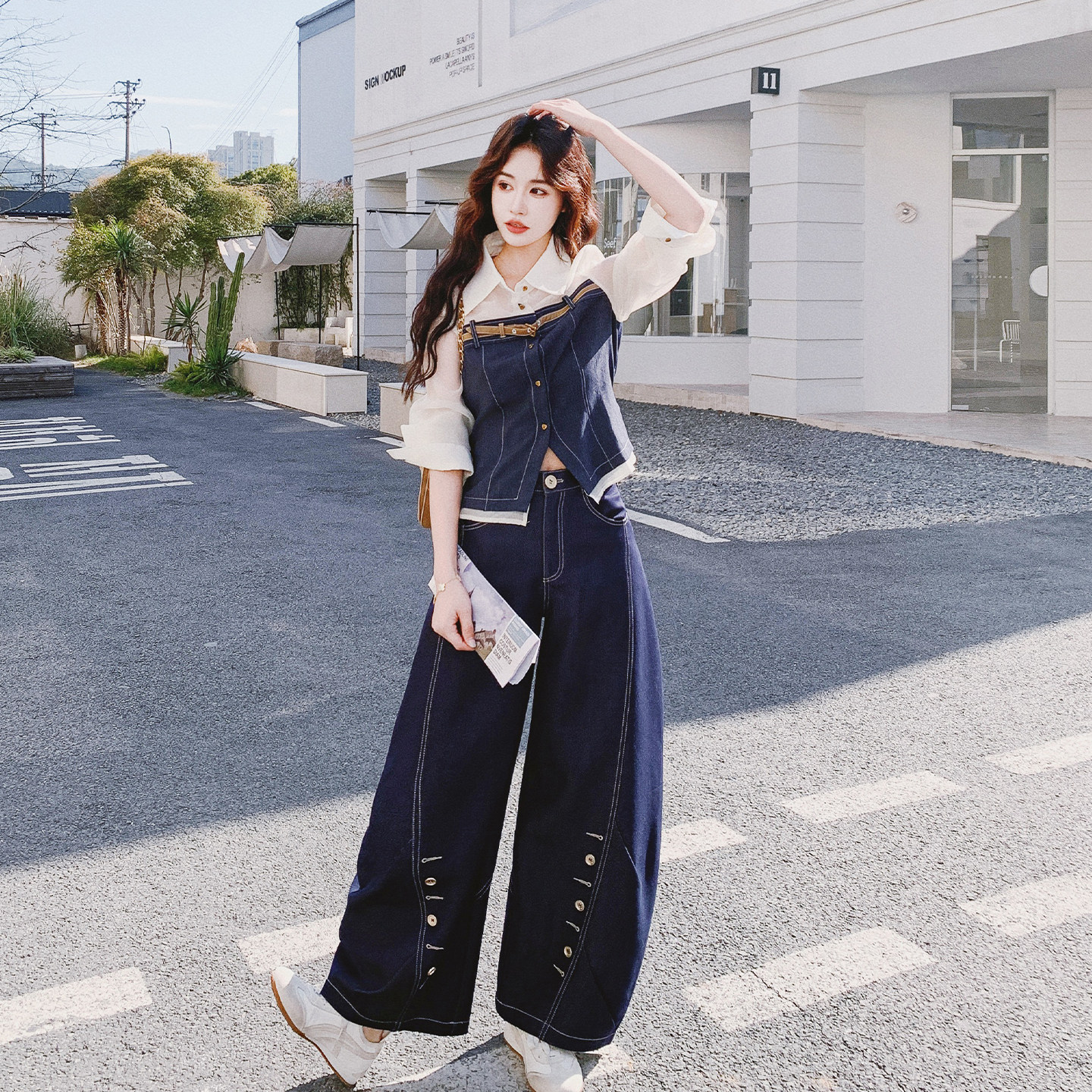 酷飒拽姐轻熟风套装女2026早春新款牛仔拼接外套高腰阔腿裤两件套