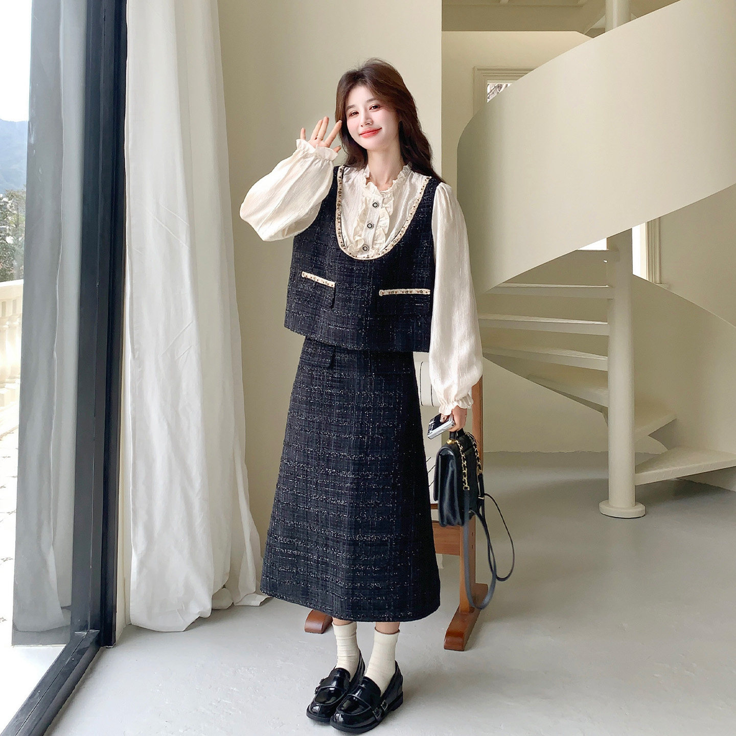 藏青色法式小香风套装裙女2026春季小个子假两件上衣半身裙两件套