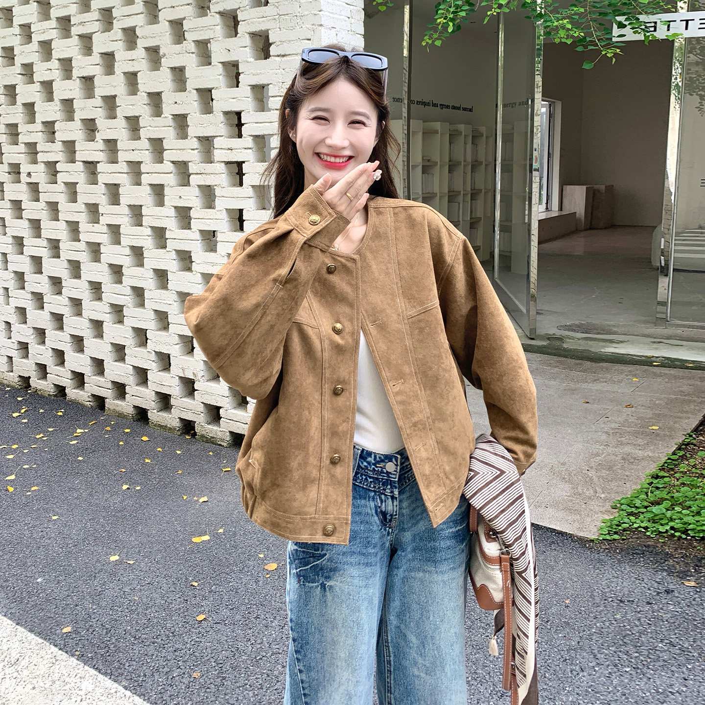 复古麂皮绒短外套女小个子