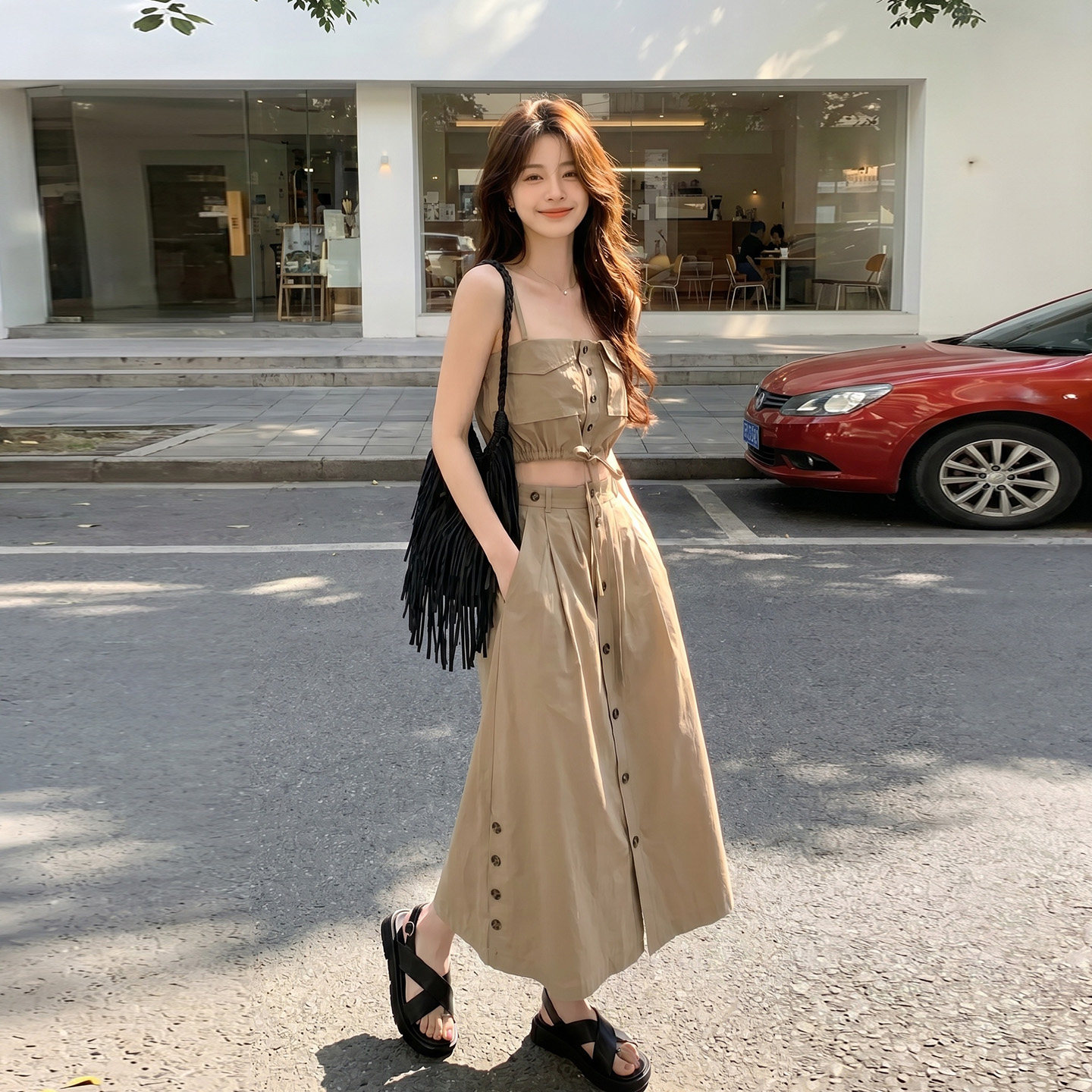 度假风卡其色吊带背心半身裙