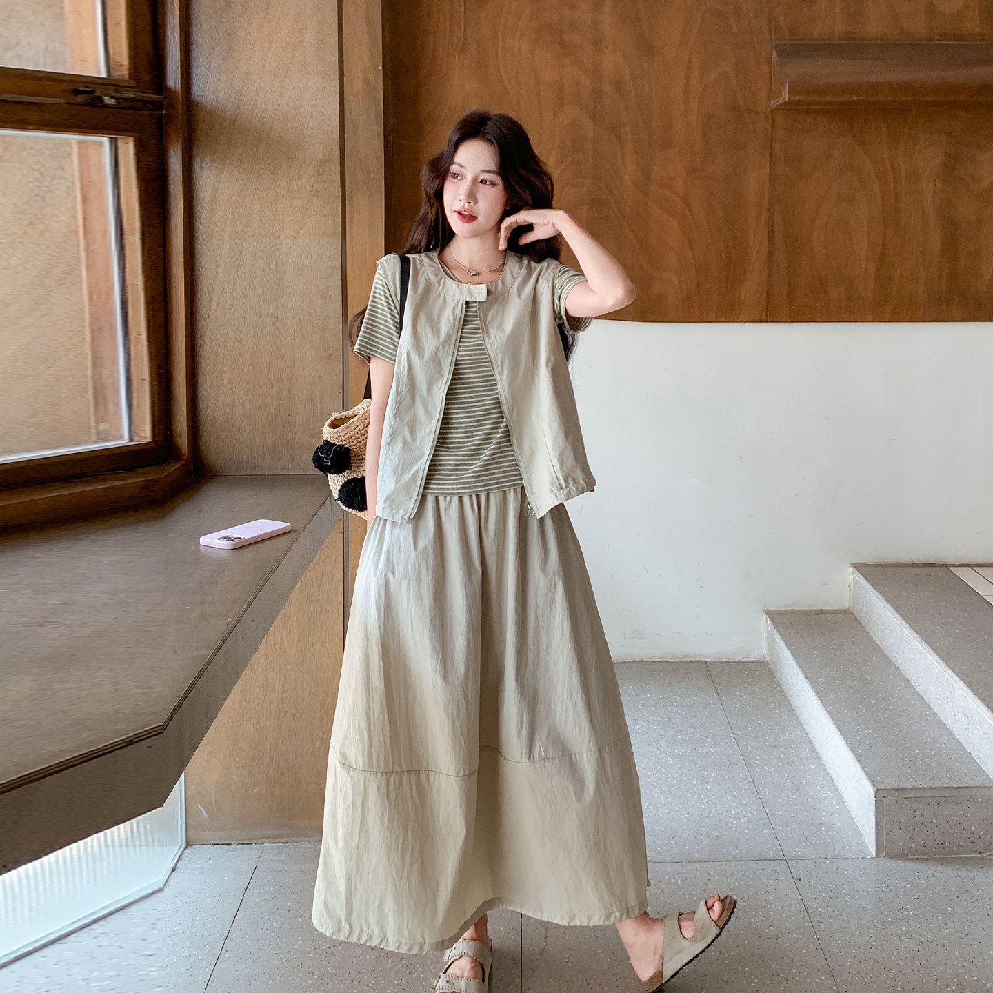 韩式松弛感工装风马甲女士套装条纹T恤半身裙三件套夏日新款2026