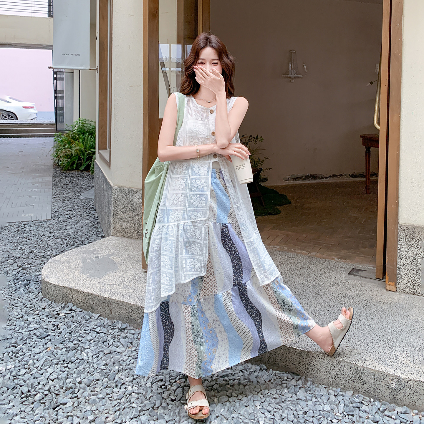 海岛多巴胺绝美套装女夏日提花无袖上衣拼接半身裙两件套2026新款