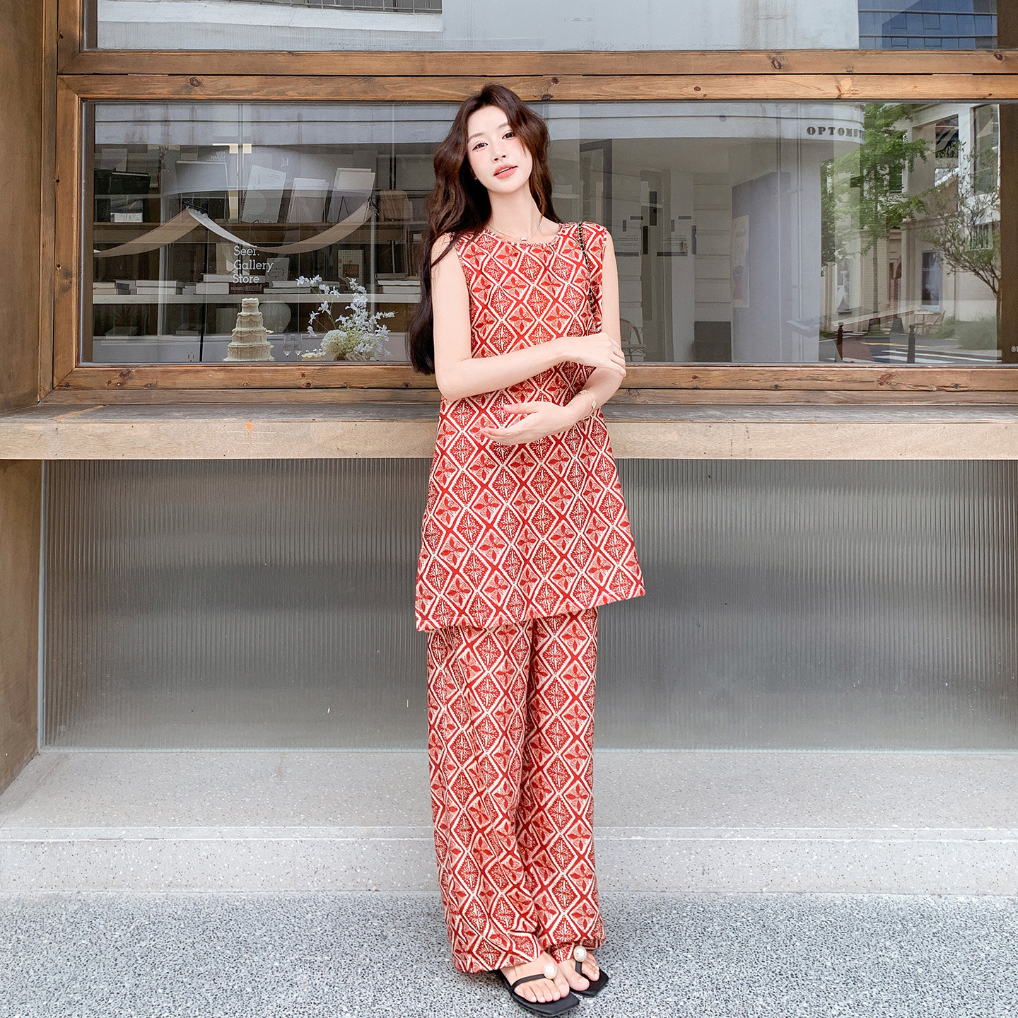 红色几何印花两件套女夏季无袖