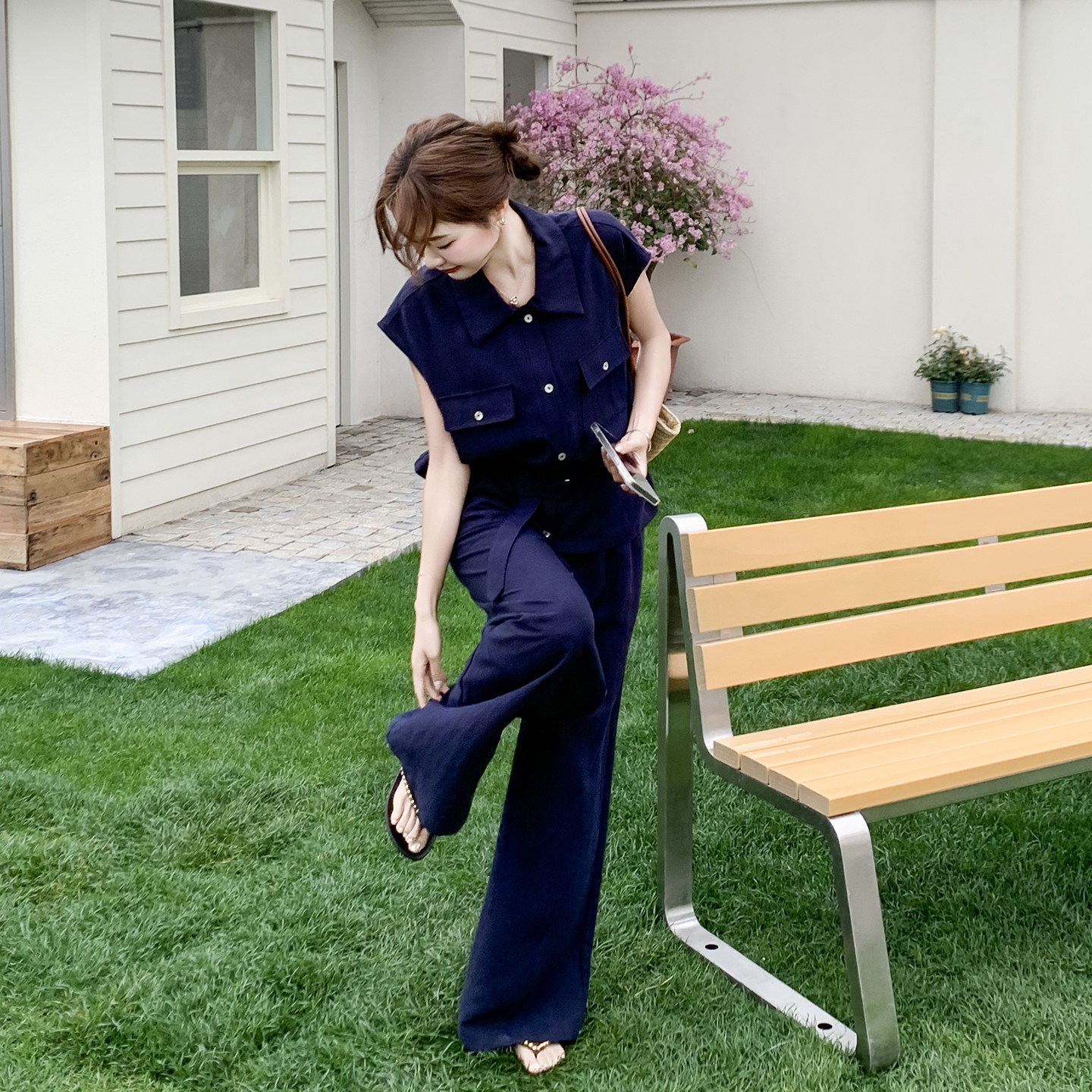 藏青色盐系清冷风夏日穿搭女士收腰无袖马甲阔腿裤两件套2026新款