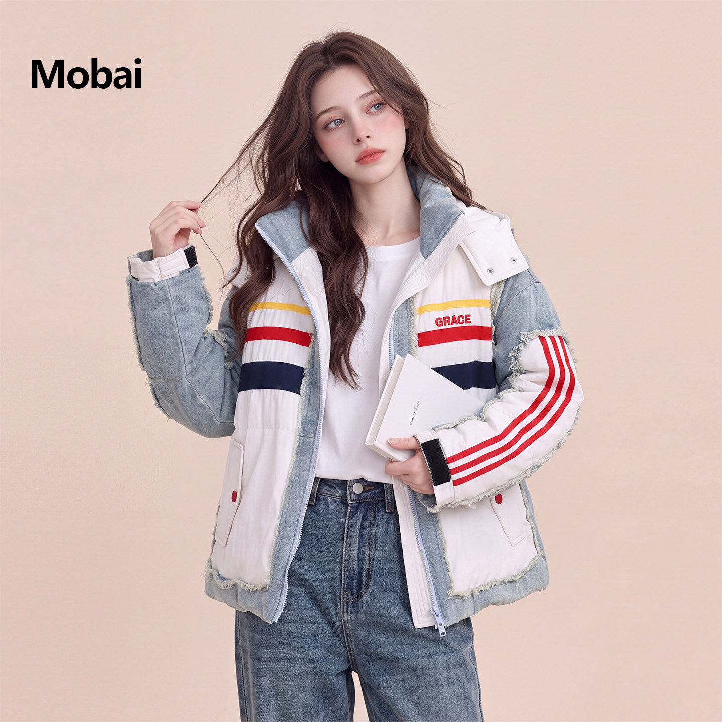 设计感牛仔拼接连帽加厚羽绒服女