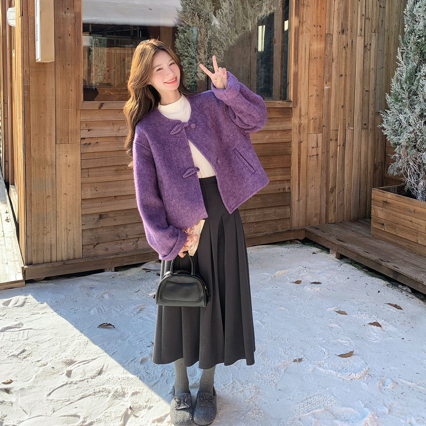 紫色韩系设计感减龄双面羊毛呢大衣女2026初冬新款小个子气质外套