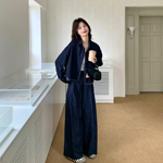 藏青色复古随性牛仔套装女2026春季款格纹假两件上衣阔腿裤两件套