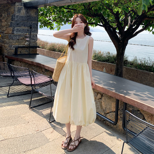 奶黄色超好看甜美减龄花苞连衣裙女2026夏季 时尚 简约无袖 长裙 新款