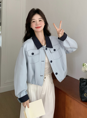 蓝色超好看韩里韩气通勤高级感外套女2026春新款撞色翻领短款上衣