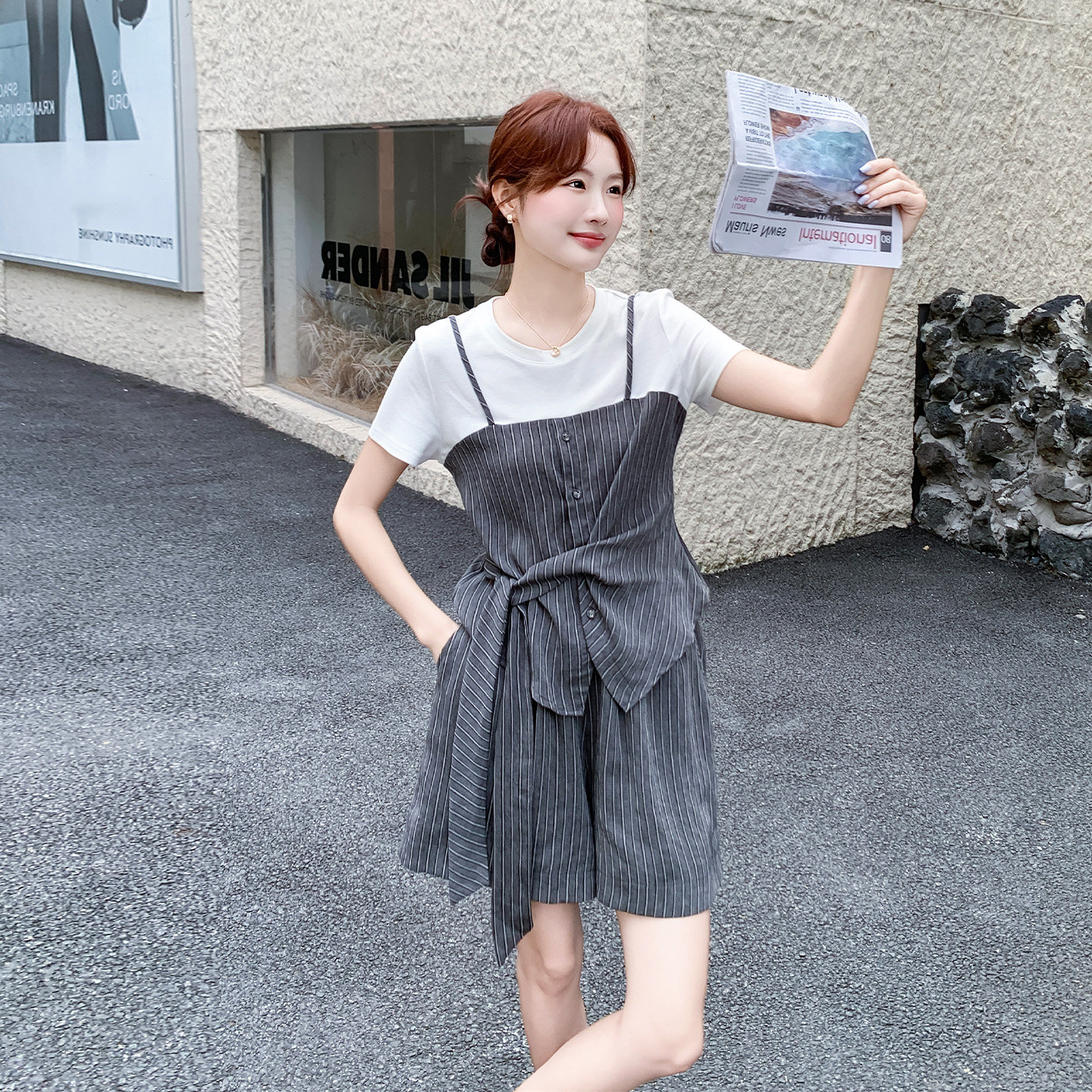 韩系复古条纹假两件套装女夏季