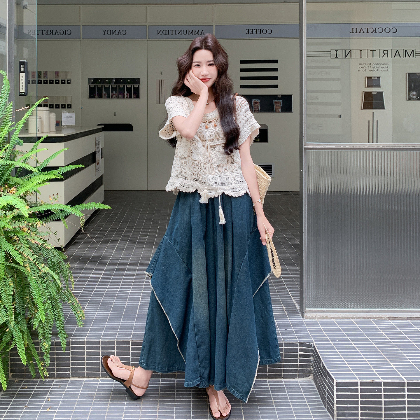 韩式随性chic度假风套装女2026新款蕾丝花边上衣牛仔裙裤两件套夏