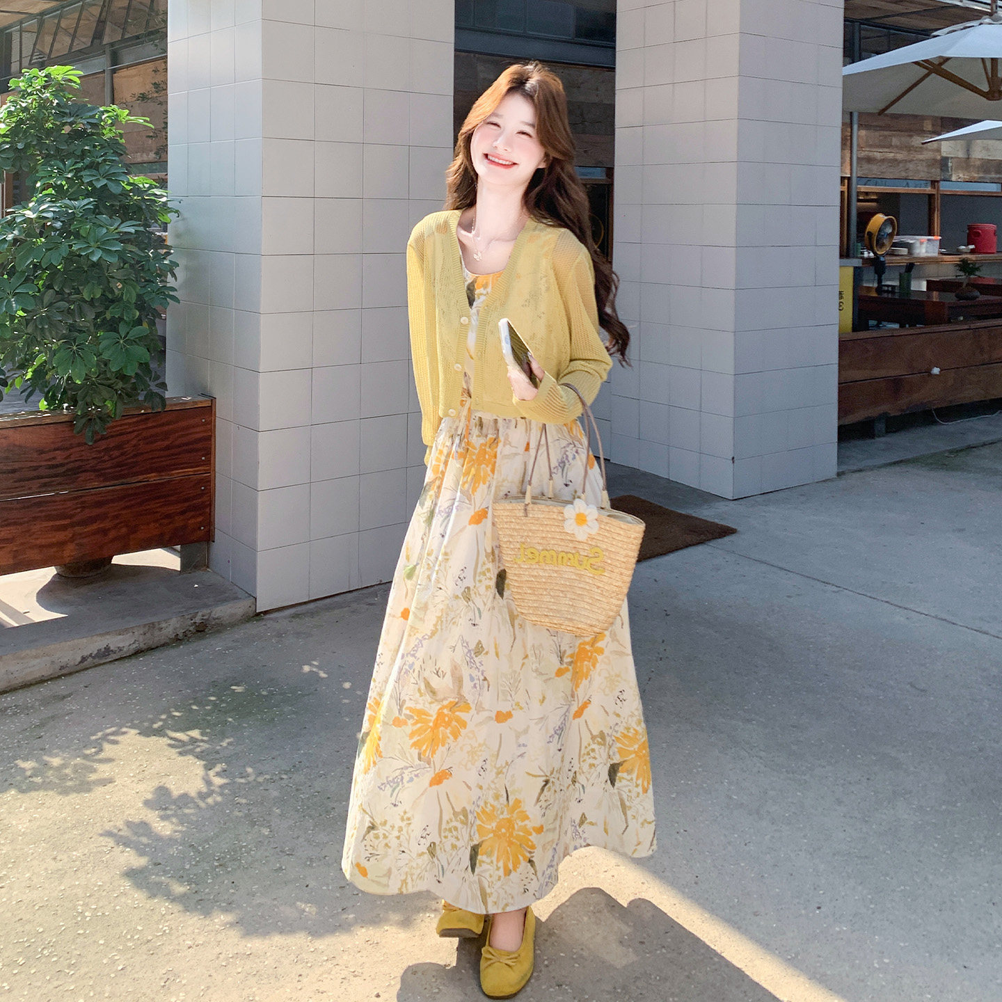 黄色针织开衫碎花连衣裙女秋