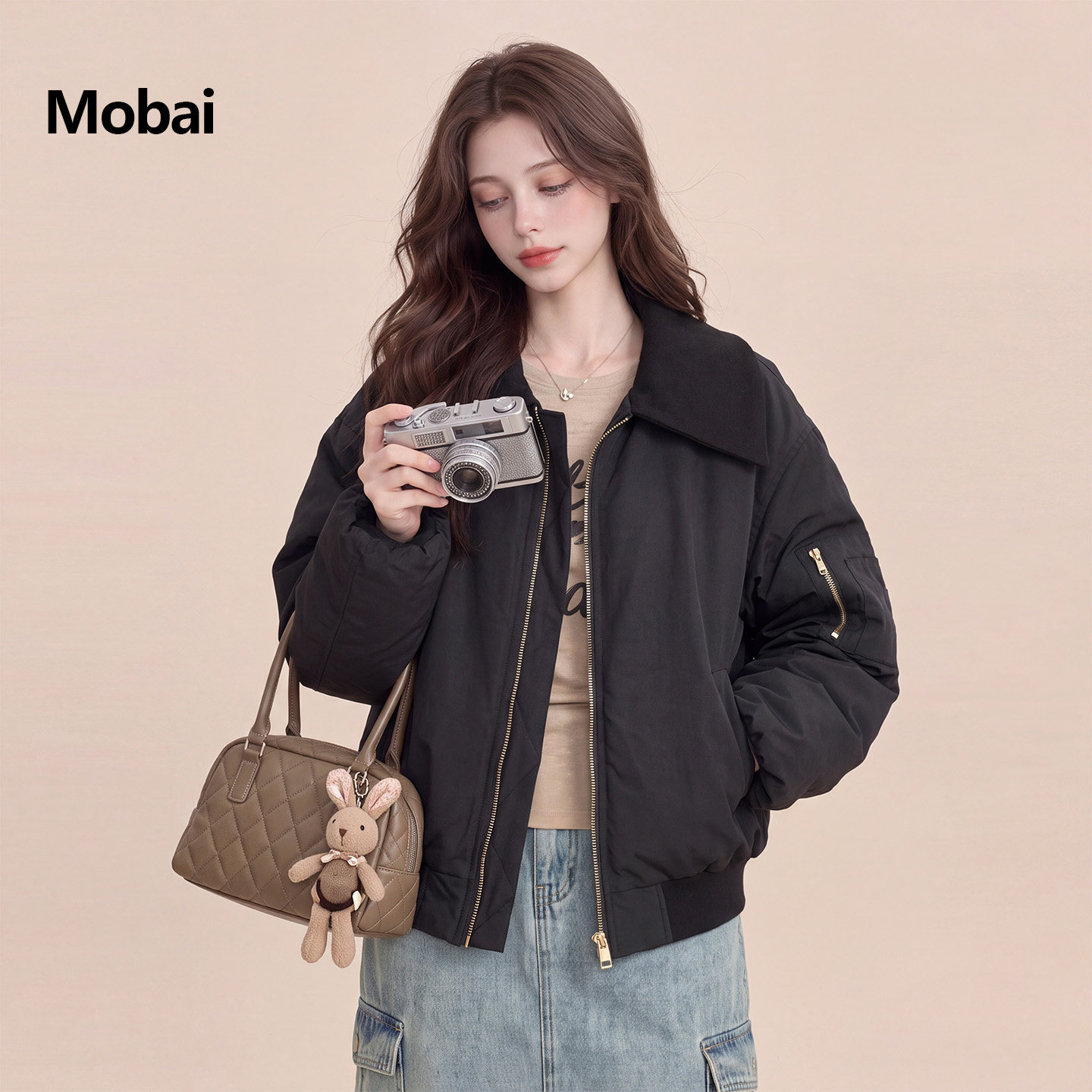 韩系黑色短款宽松保暖棉服女冬季