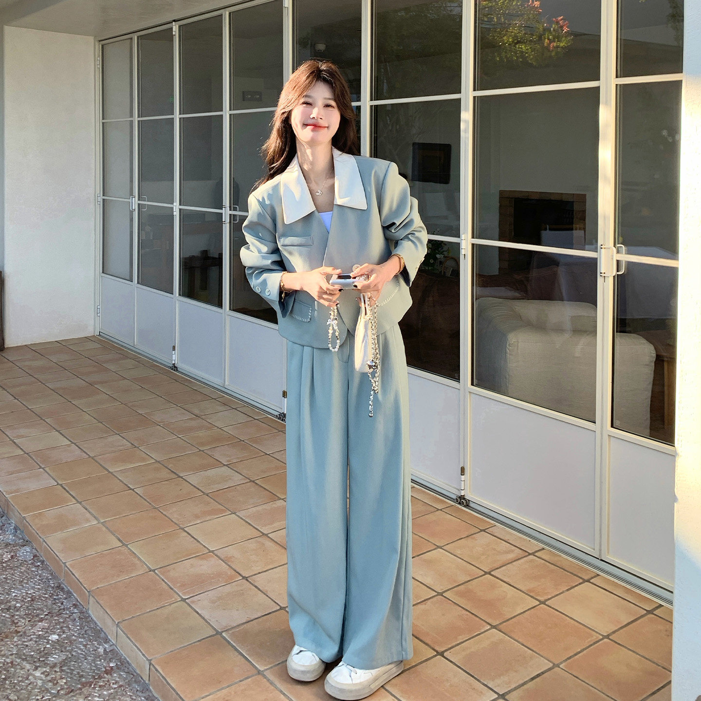 蓝色学院风轻职场西装套装女2026春新款时尚拼色上衣阔腿裤两件套