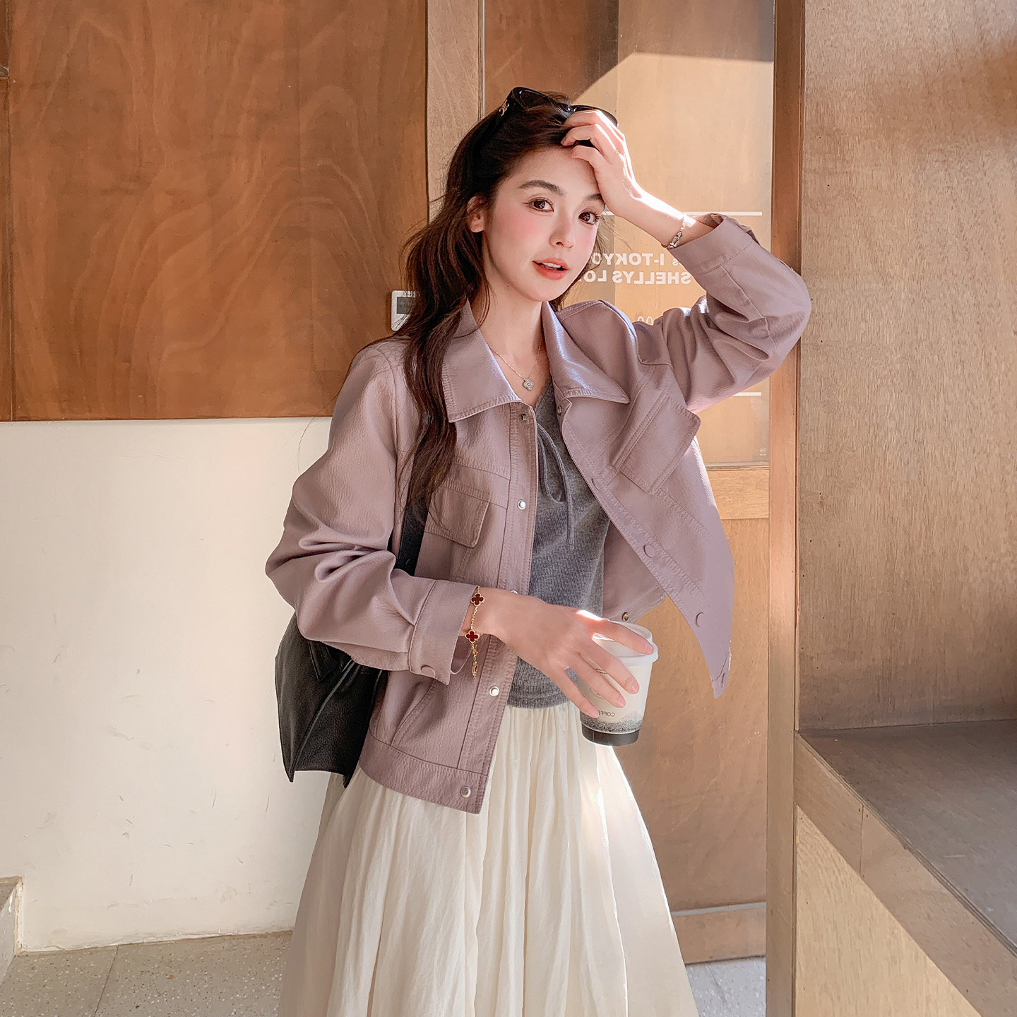 粉色可盐可甜复古PU皮衣外套女2026春天新款小个子时尚机车风夹克