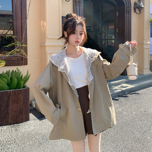 卡其色风衣外套女蕾丝拼接中长款