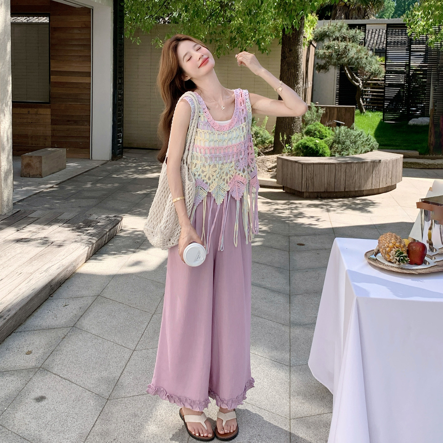 海岛多巴胺度假风旅游穿搭女2026新款流苏钩花背心阔腿裤两件套夏