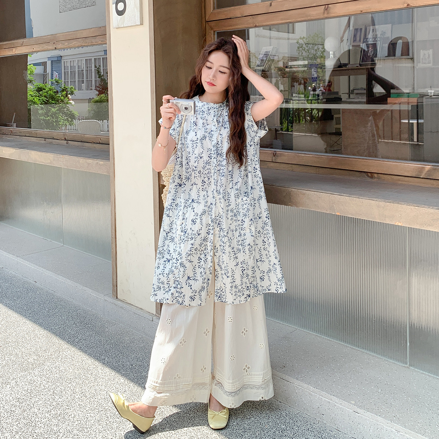 文艺范日系穿搭套装女2026春新款设计感印花短袖长衫阔腿裤两件套