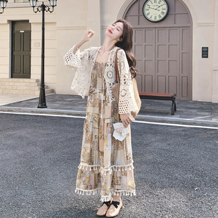 两件套 蕾丝钩花开衫 夏波西米亚风流苏印花吊带连衣裙套装 2026新款