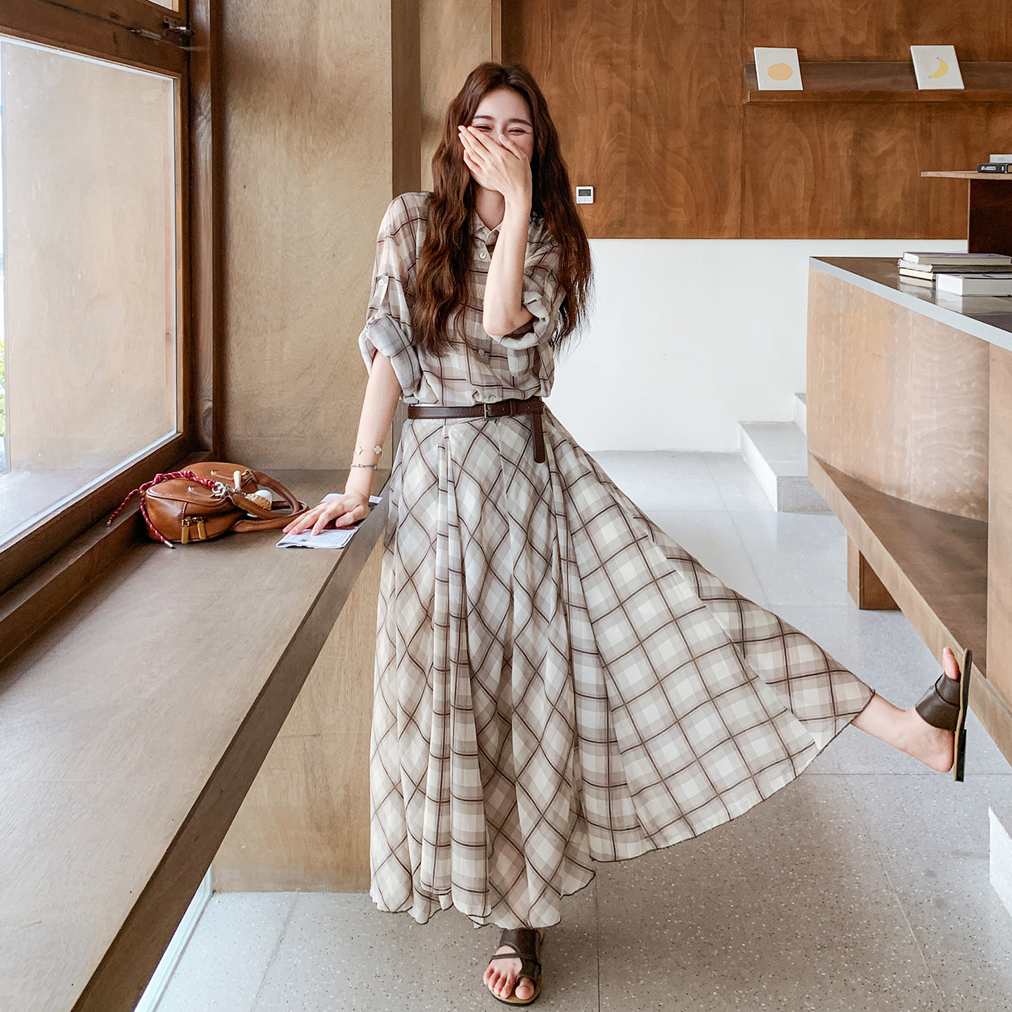 法式复古格纹长袖衬衫套装裙女2026春新款轻熟风气质半身裙两件套
