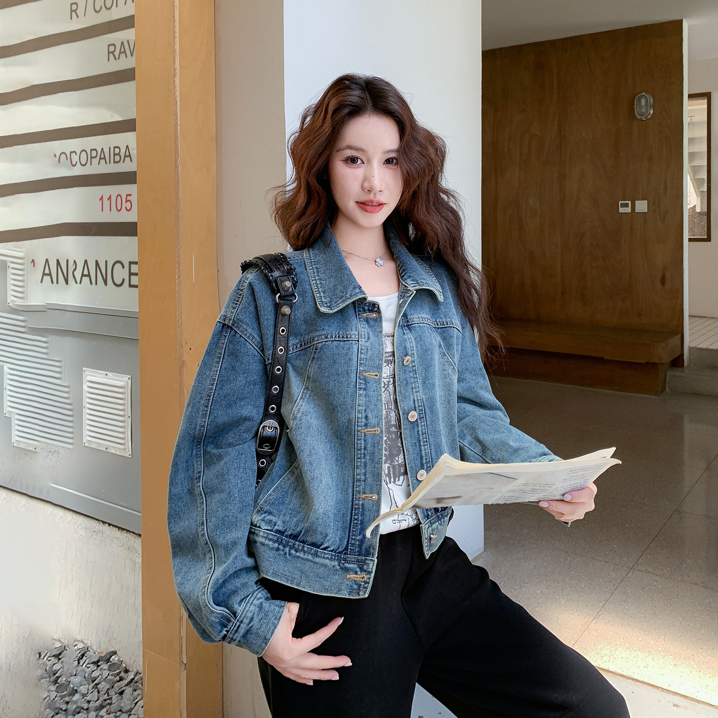 蓝色港风复古丹宁牛仔外套女2026秋新款韩系小个子休闲风翻领夹克