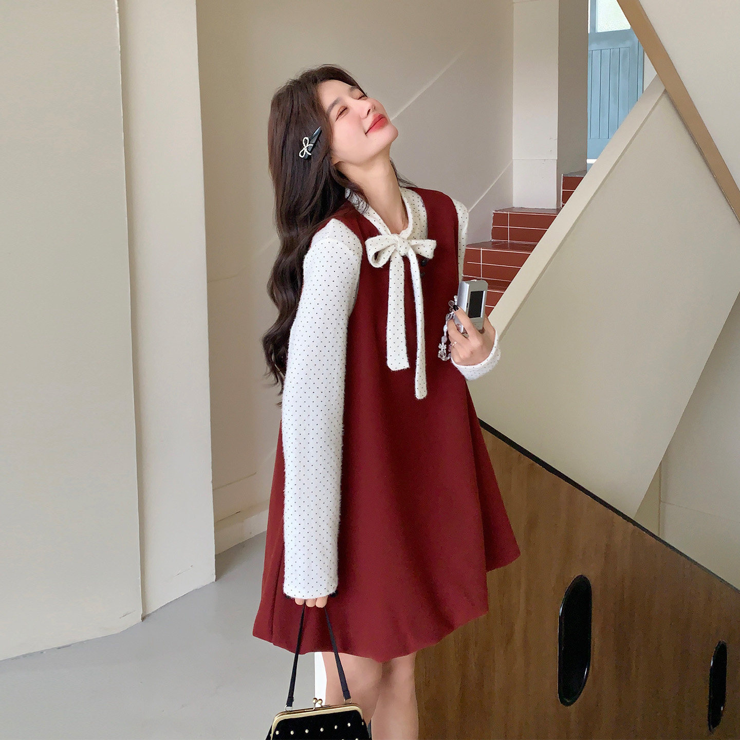 红色法式千金感花苞背心连衣裙套装女2026早春新款波点内搭两件套