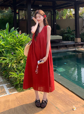 红色法式绝美风情万种无袖连衣裙女2026初夏新款超好看度假A字裙