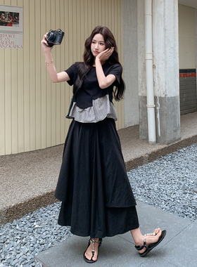 黑色时髦洋气高级感套装女2026新款条纹假两件上衣半身裙两件套夏