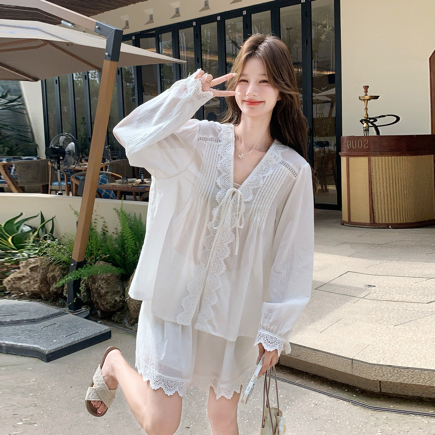 白色蕾丝拼接防晒套装女夏季温柔