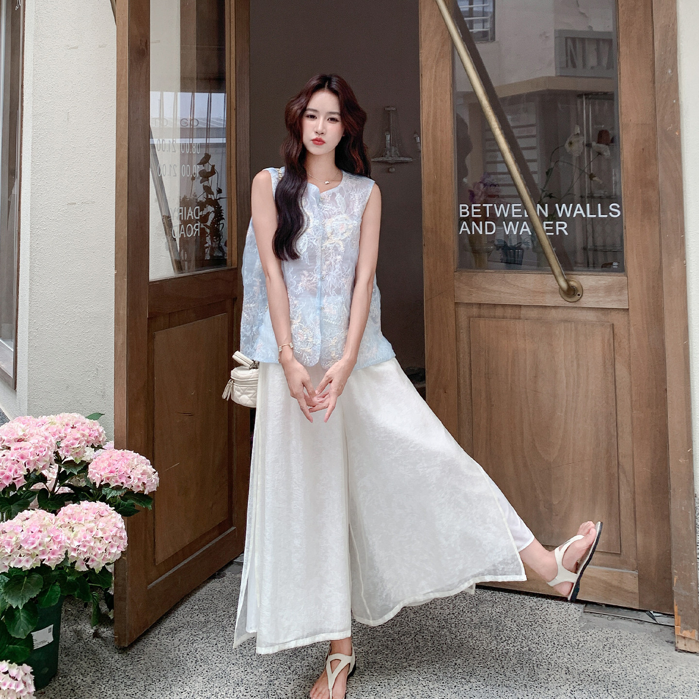 夏季重工刺绣蕾丝阔腿三件套女