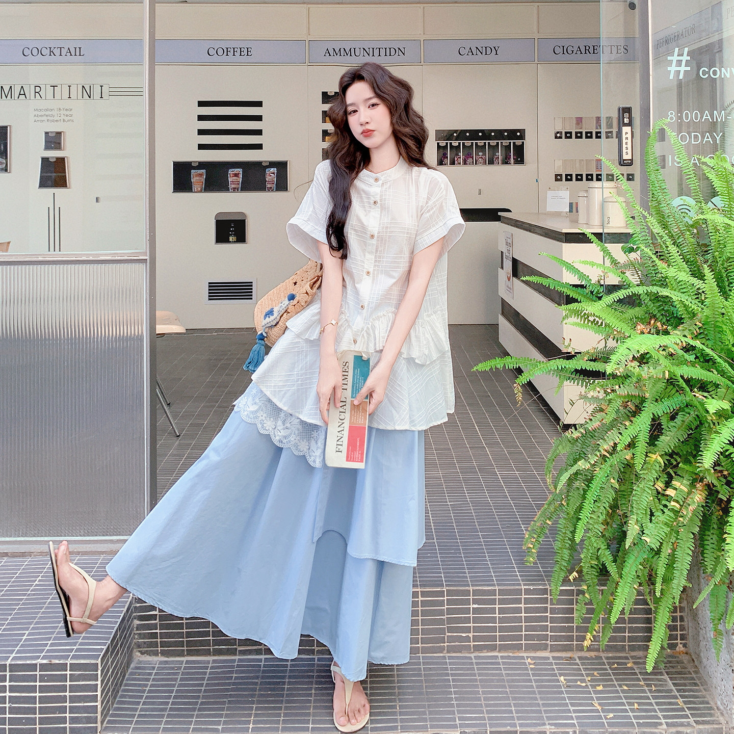 夏日浪漫小清新度假风穿搭女2026新款肌理感花边衬衫半身裙两件套