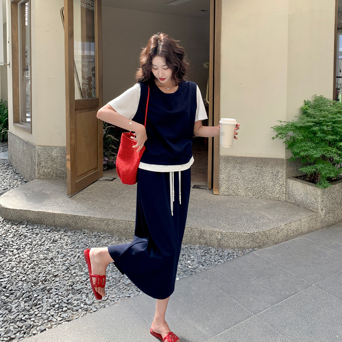 韩式假两件短袖半身裙两件套女