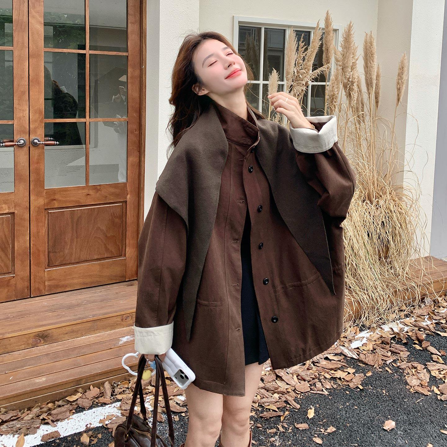 又A又飒美拉德复古文艺风立领外套女2026秋新款韩版显瘦廓形风衣