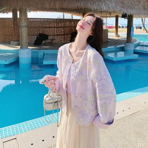 浅紫色温柔风绝美气质国风绣花外套女2026早春新款高级感撞色上衣