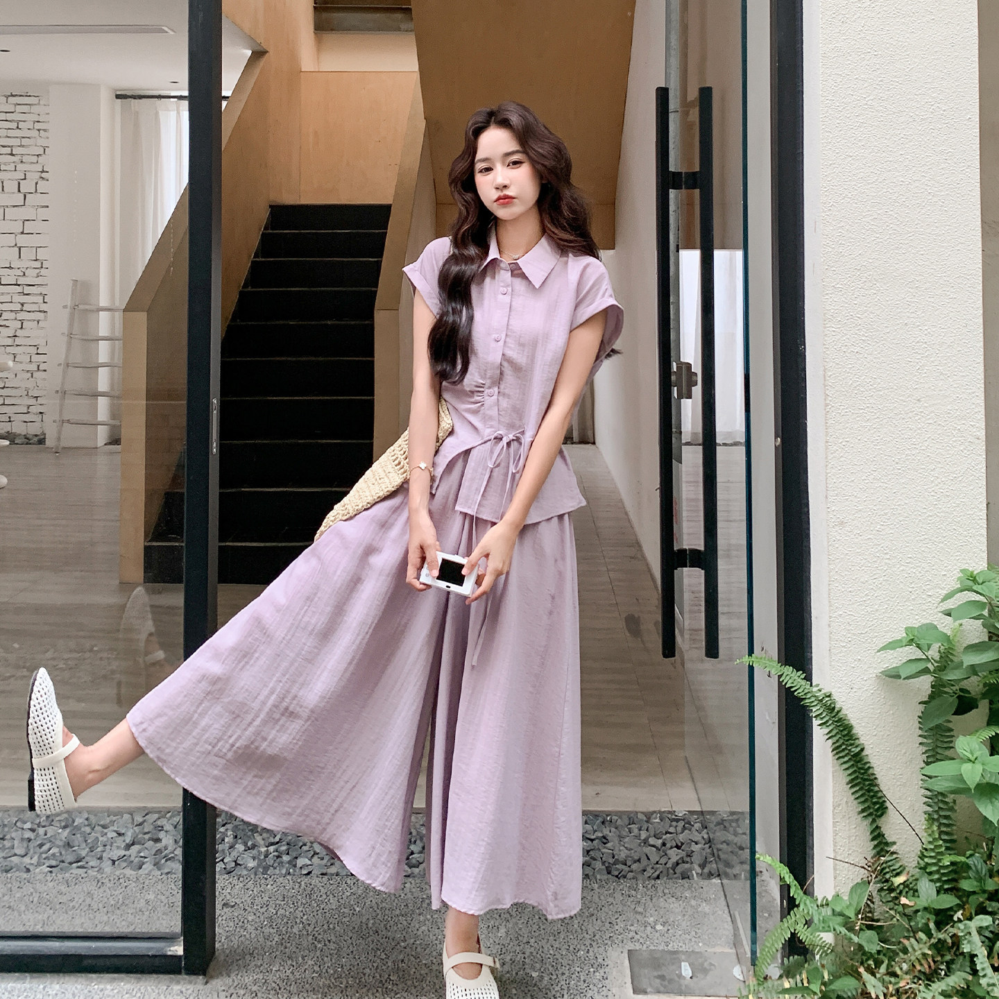夏季香芋紫衬衫阔腿裤两件套女
