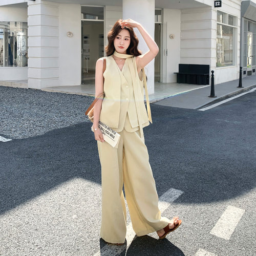 老钱风无袖马甲阔腿裤两件套女