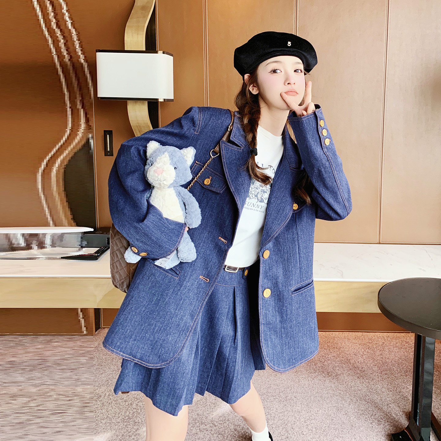 深蓝色通勤百搭学院风西装套装女2026春新款显瘦百褶半身裙两件套