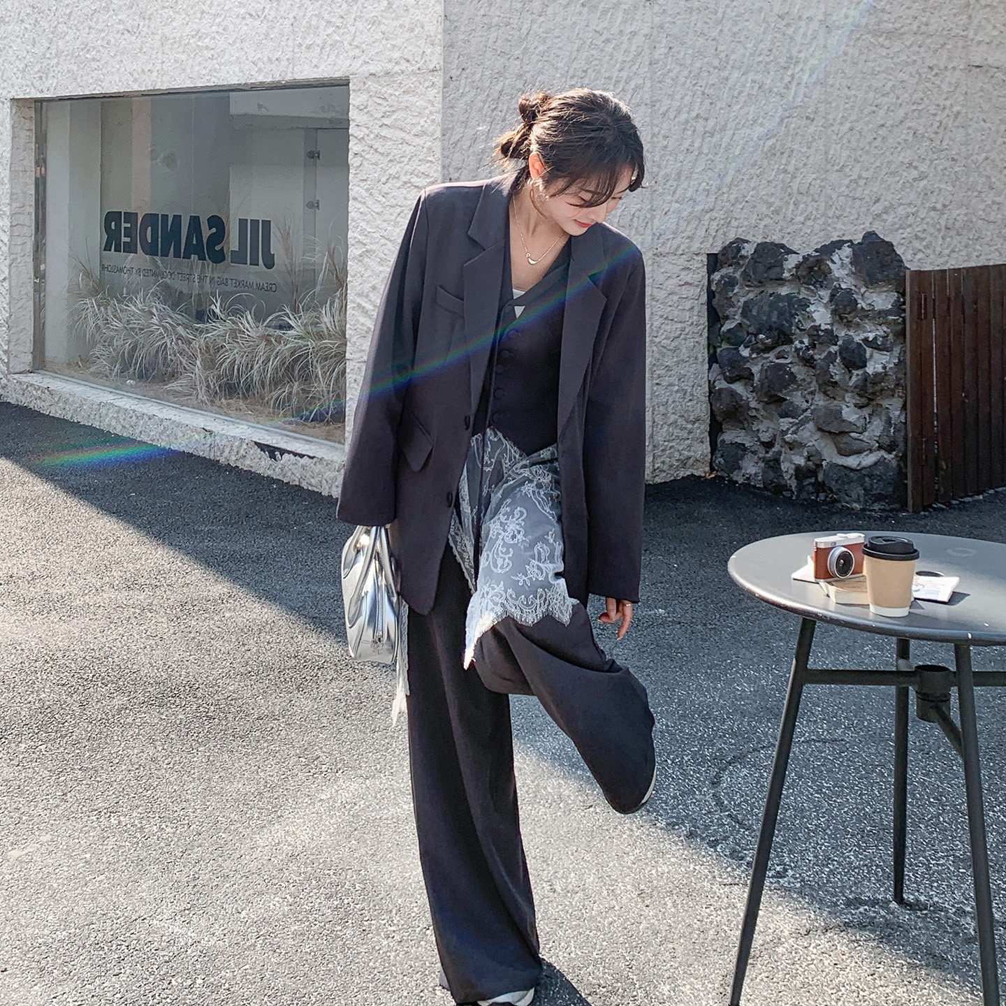 深灰色韩系高级感气质西服套装女2026春通勤V领马甲阔腿裤三件套